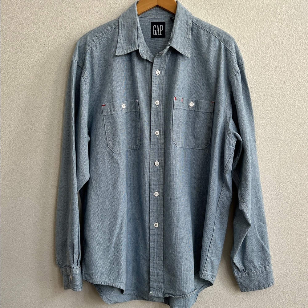 GAP Vintage LS Button Down Shirt Heavy-Duty Twill Cotton Blue/White Mini-Check L